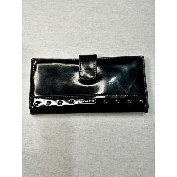 Coach Wallet, Black Patent Leather With Studs, Slim, Cardholder - Picture 1 of 4